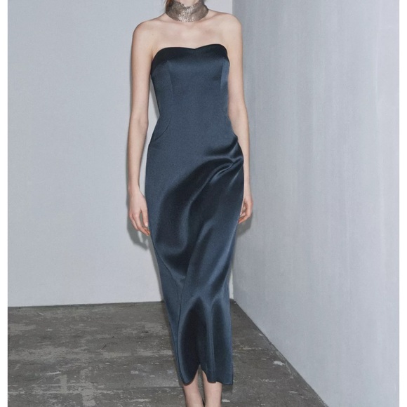 Zara Dresses & Skirts - Zara satin effect strapless dress in blue size S 1758/622/407